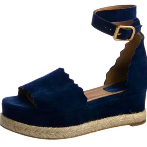 Chloe Shoes - Chloé Navy Suede Scalloped Espadrilles Wedge Sandals Size 39
